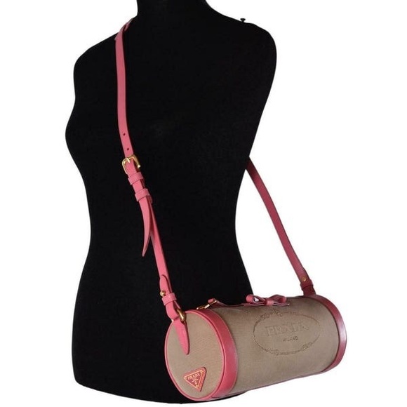 Prada Pink Logo Jacquard Barrel Purse - Picture 4 of 6